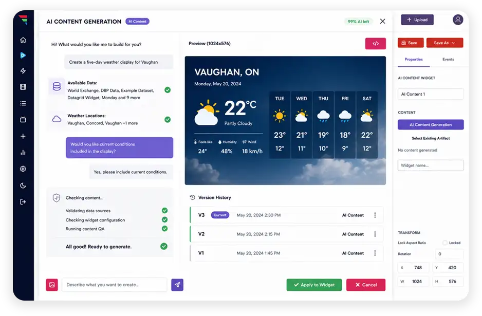AI Content Generation panel checking data sources beside a generated Vaughan weather display and its version history