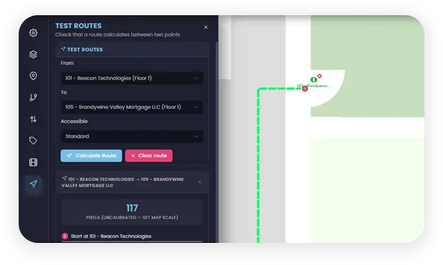 Test routes panel calculating a route between two locations before publishing