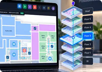 A venue map beside a stack of floor levels from roof to ground