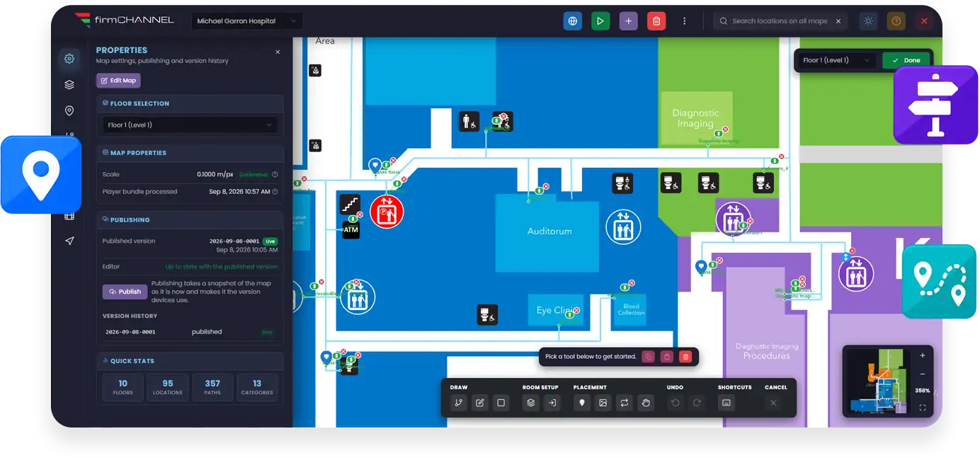 firmChannel wayfinding editor showing a hospital floor plan with routing paths, kiosks, and publishing history