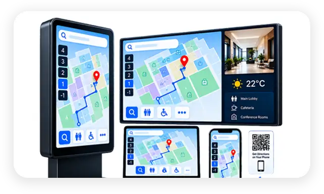 The same map running on a touch kiosk, a signage display, a tablet, and a phone