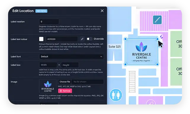 Editing a location label, color, and tenant logo without touching the floor plan artwork